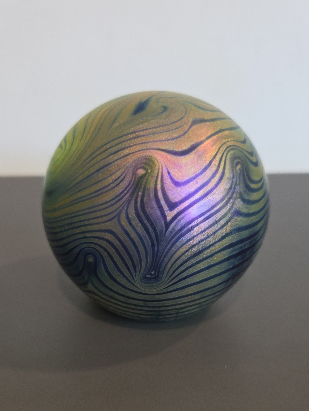 Eikholdt King Tut Hand-Blown Iridescent Swirl Signed Glass Paperweight